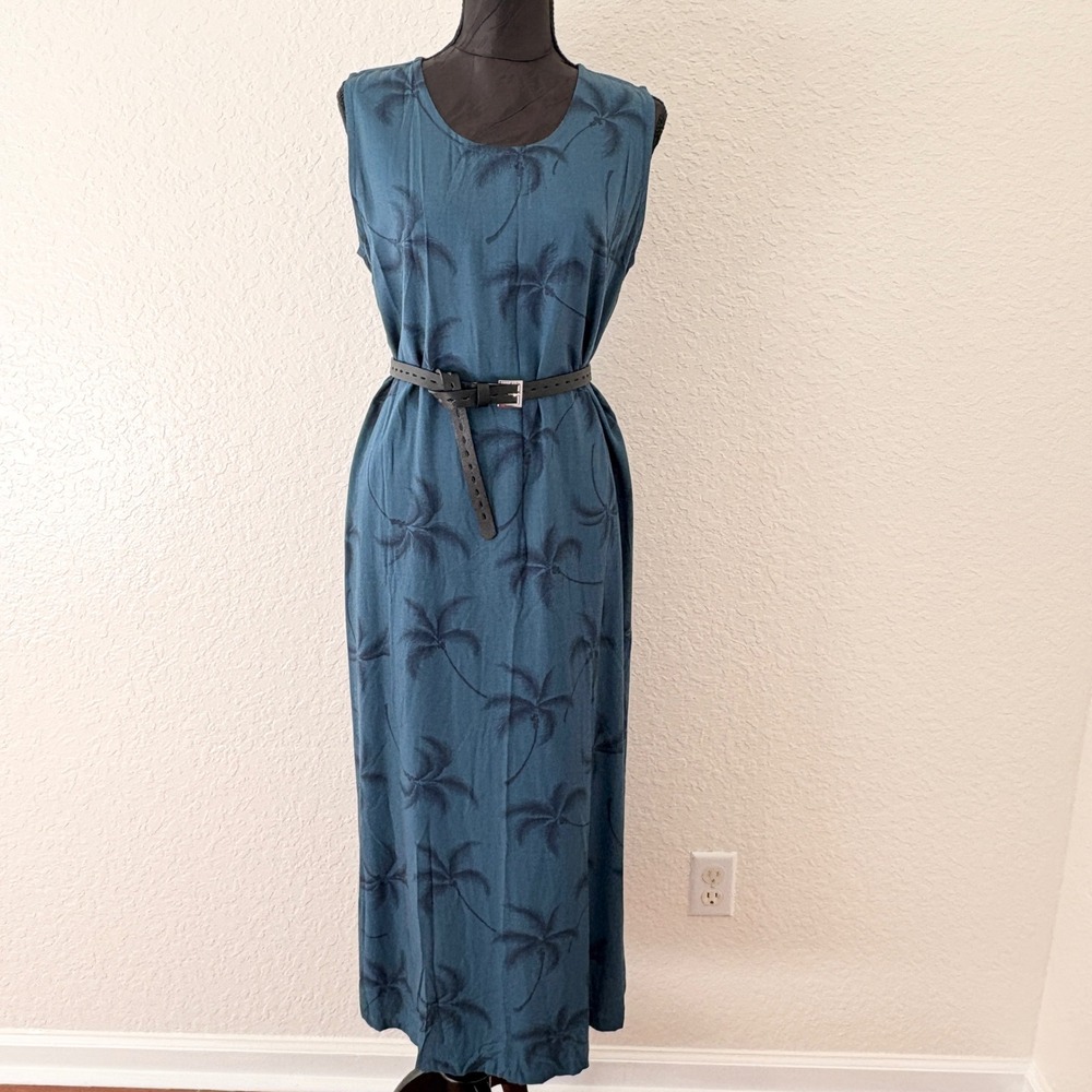 Paradise‎ Found Teal Blue Palm Tree Print Rayon Maxi Dress Made in Hawaii Large